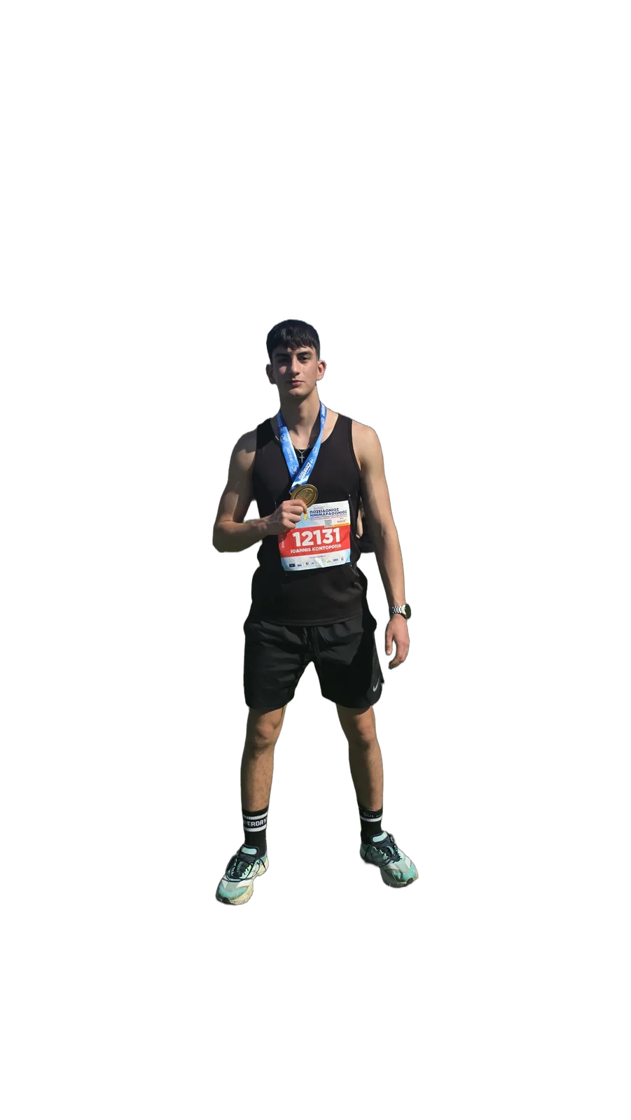 Giannis at the finish of a 10K race